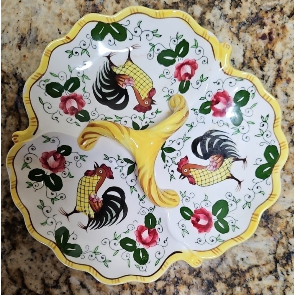 Early Provincial "Rooster and Roses" divided dish made by UCAGCO between 1953-61